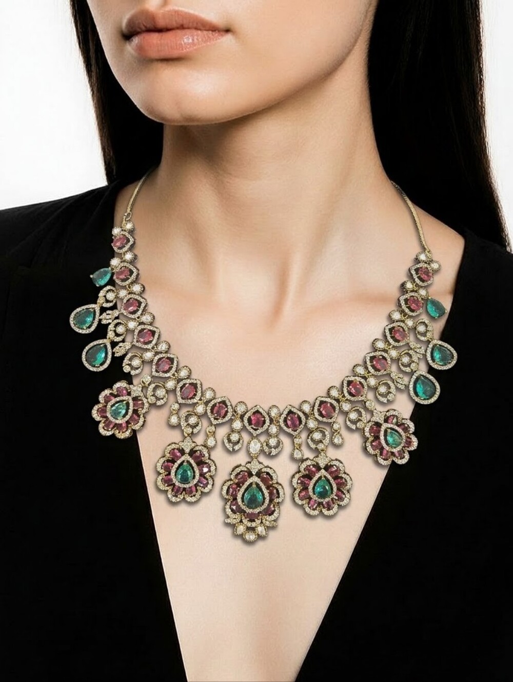 Elegant Gold-Tone Necklace & Earrings Set with Green and Pink Stones